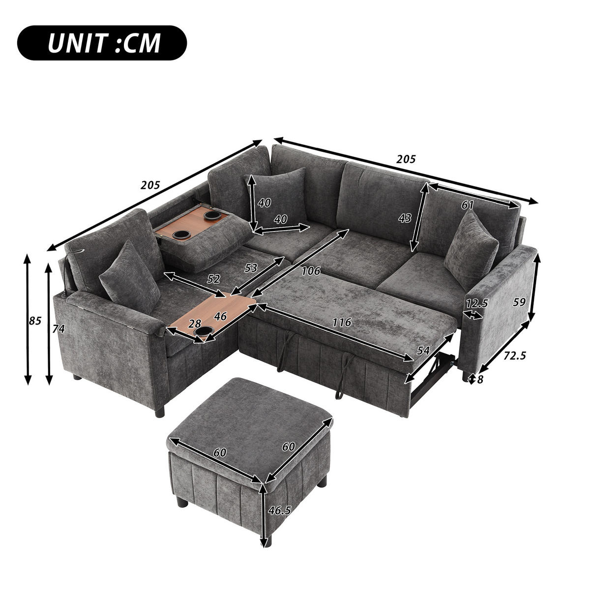 SOFA Grau Ecksofa Chenille Schlaffunktion USB Couchtisch 205cm - Grau, Textil (205/85/205cm) - FLIEKS