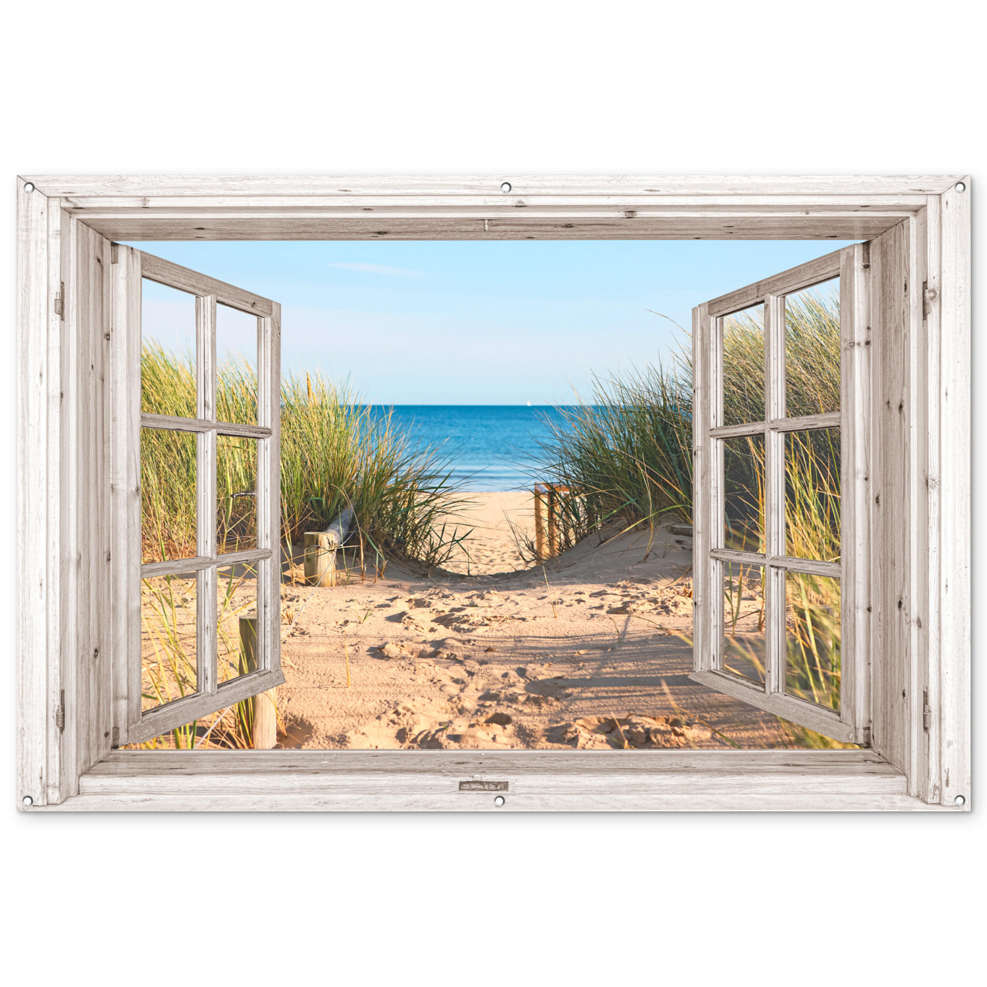 GARTENPOSTER Durchblick - Strand - Meer - Dünen - Sand - Wasser - Hochgras 180x120 cm - Sandfarben, Kunststoff (180/120/0.2cm) - OnlyWow