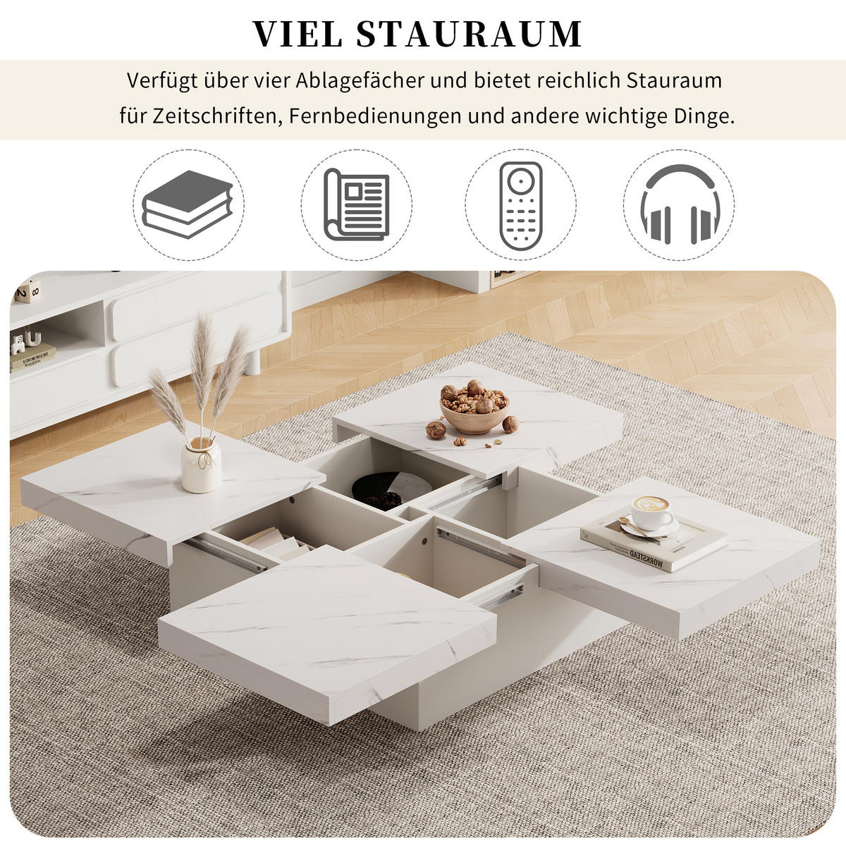 COUCHTISCH in Weiß Couchtisch mit Marmor-Optik und sowie schiebbarer Tischplatte für Wohnzimmer, B90/T90/H25 cm - Weiß, Holzwerkstoff (90/90/25cm) - STILVORA