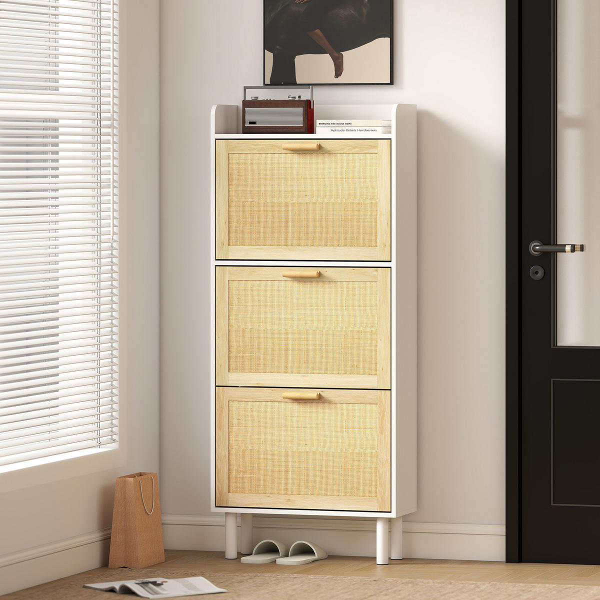 SCHUHSCHRANK DE-15057 3 Klapptüren mit geflochtener Resin-Optik Natur - Weiß, Holzwerkstoff (65/153/24.5cm) - ComfortXL