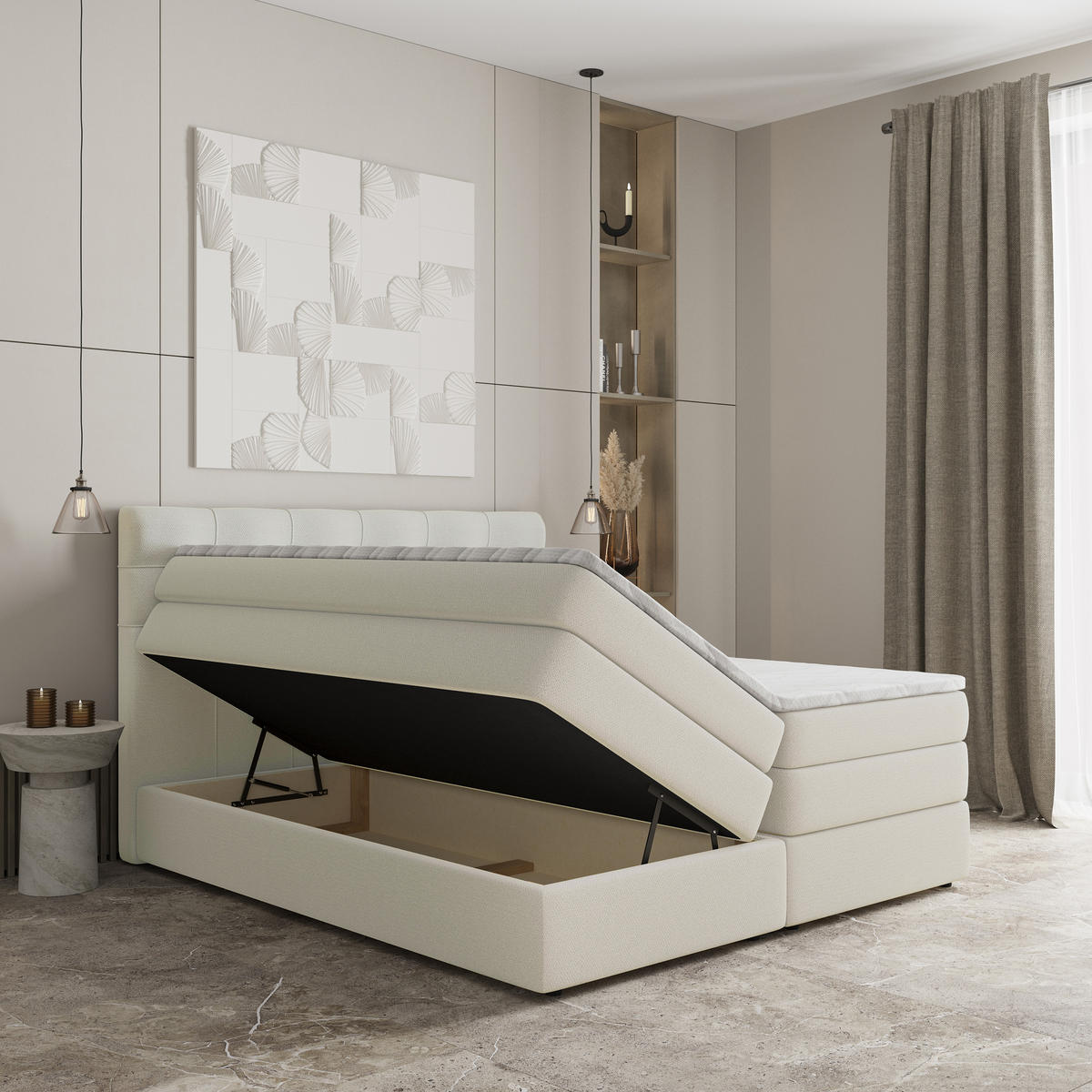 BOXSPRINGBETT AREZI 180x200 cm mit Matratze und Topper - Creme - Creme, Holz (180/200cm) - MASSENO