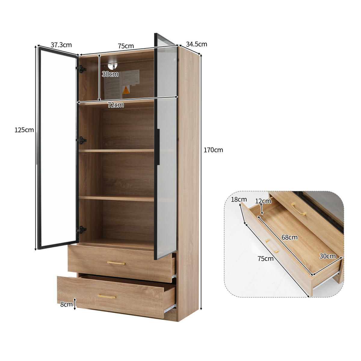 VITRINENSCHRANK mit 2 Schubladen und 2 Türen 74/34.5/170 cm - Braun, Glas/Holzwerkstoff (34/170/70cm) - Urban Meuble