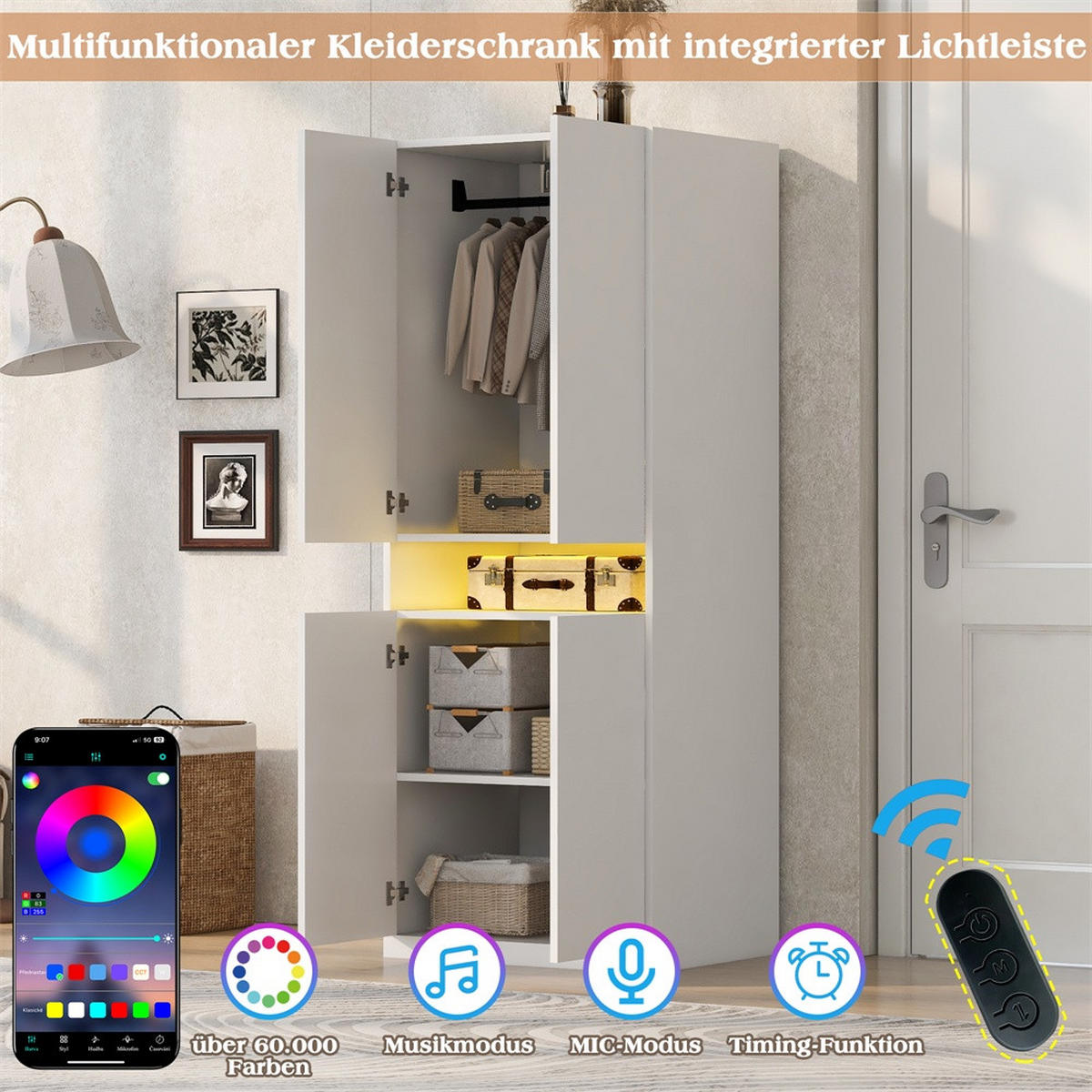 KLEIDERSCHRANK mit LED-Beleuchtung & Kleiderstange - 4 Türen & Offenes Fach - 70 × 55 × 180 cm - Weiß - Weiß, Holzwerkstoff (70/180/55cm) - DELFA