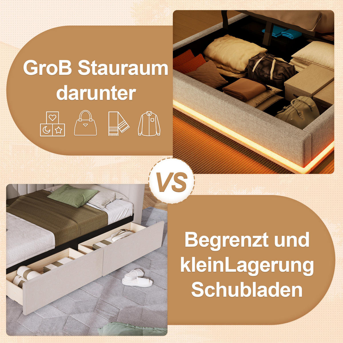 POLSTERBETT 140/200 cm Beige aus Leinen mit LED-Lichtleiste und Stauraum - Beige, Textil (140/200cm) - OKMYHOME