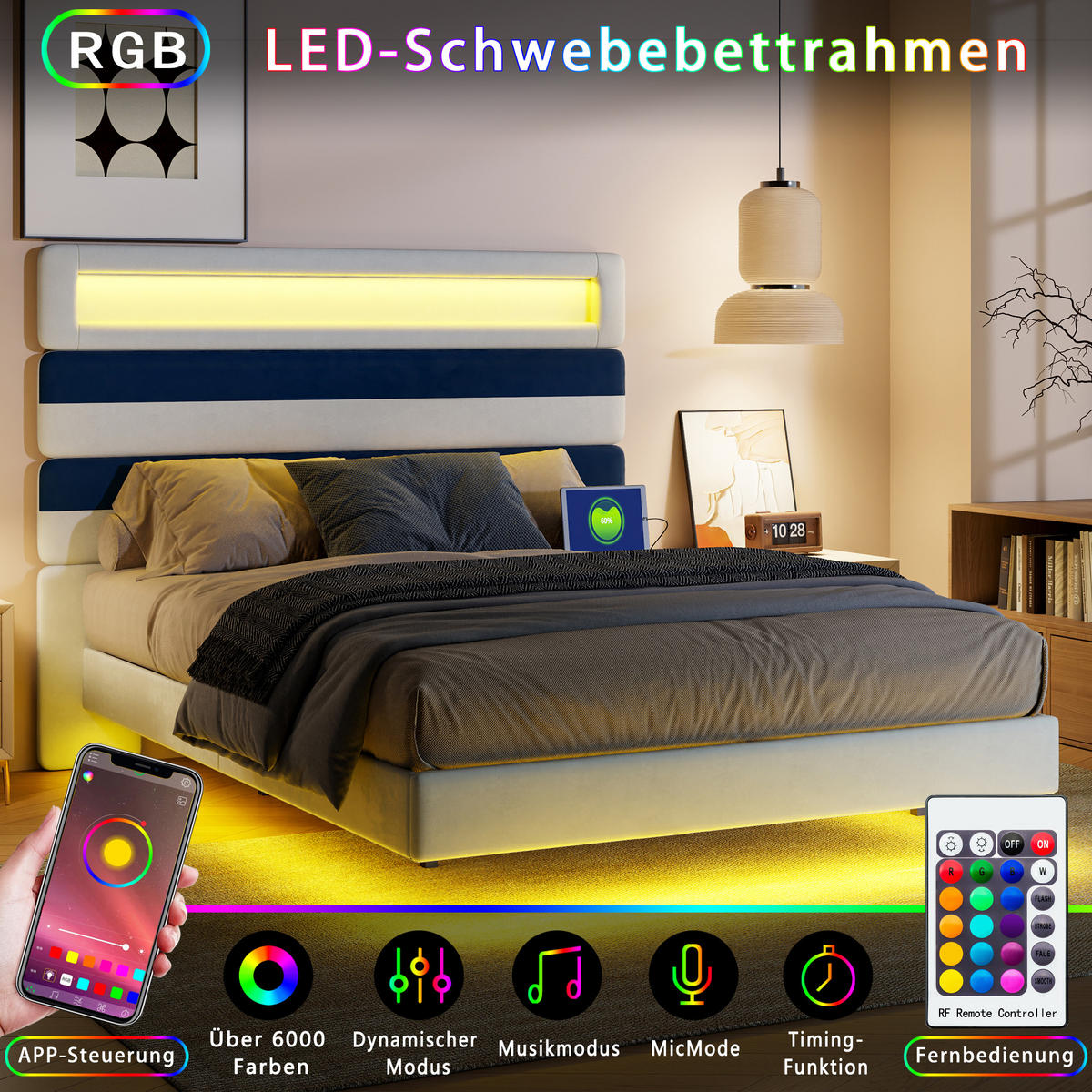 POLSTERBETT 140/190 cm mit RGB-LED-Beleuchtung am Kopfteil und unter dem Bett, USB-Anschluss, zweifarbig gestreiftes Kopfteil - Weiß, Holz/Metall (140/190cm) - Joyfair