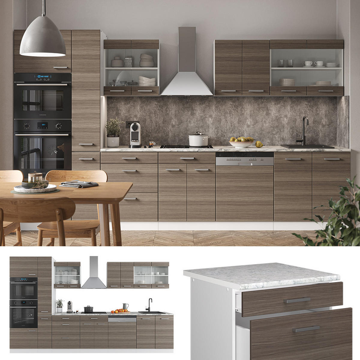 KÜCHENZEILE R-Line Edelgrau/Weiß 350 cm mit Hochschrank, AP Eiche - Braun/Weiß, Holzwerkstoff (350/81.6/60cm) - Vicco