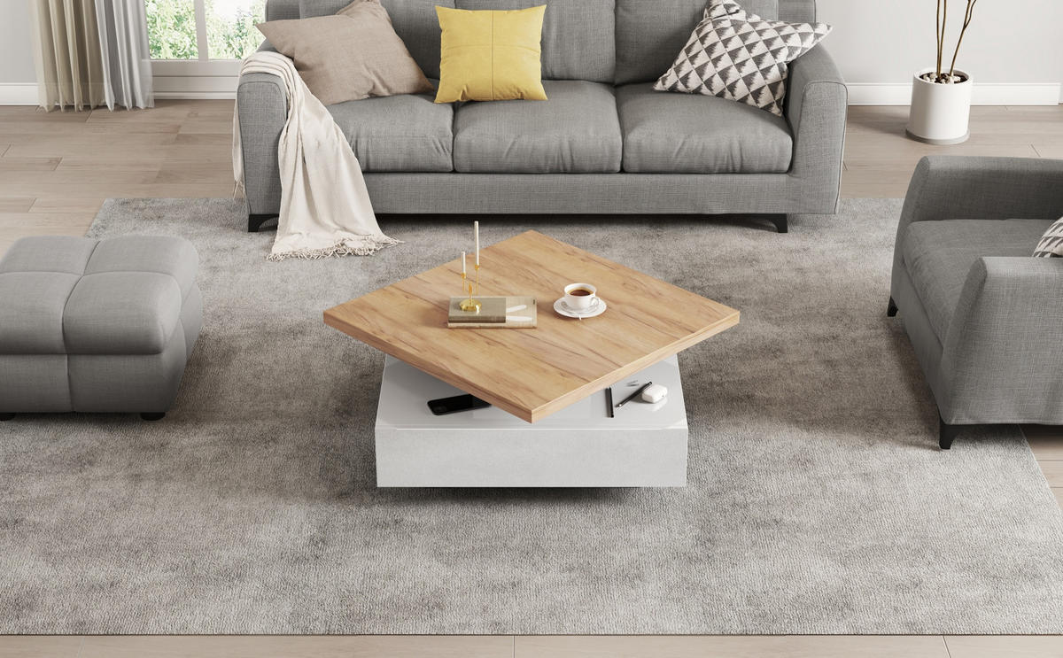 COUCHTISCH aus Spanplatte 70x70x36 cm Weiß/Walnuss mit 360° drehbarer Tischplatte, Schublade und offenem Stauraum - Weiß, Holzwerkstoff (70/70/36cm) - Modfu
