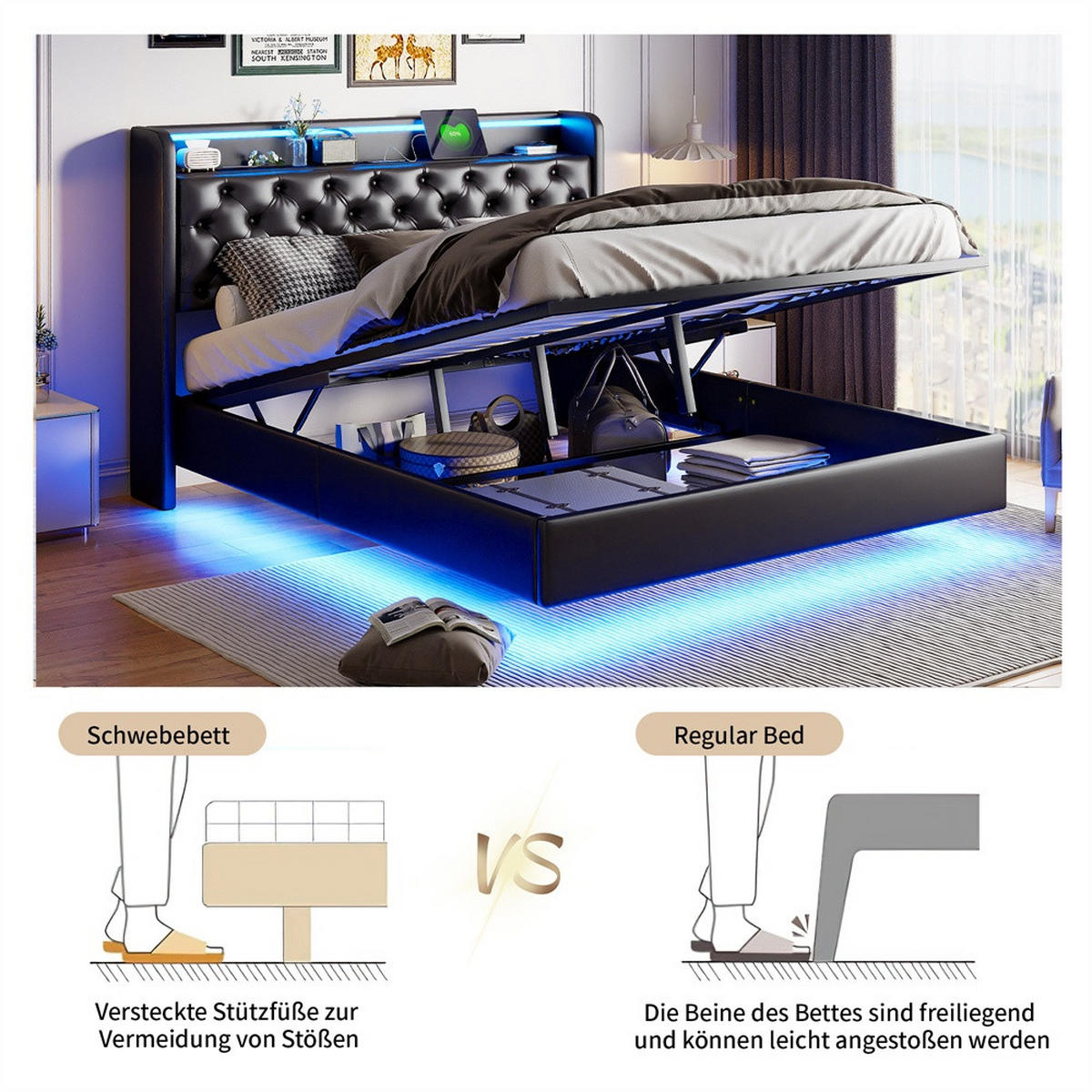 POLSTERBETT 140x200 cm mit LED-Beleuchtung - USB-Anschluss - Kopfteil-Stauraum und hydraulischem Stauraum - Schwarz - Schwarz, Textil (140/200cm) - DELFA