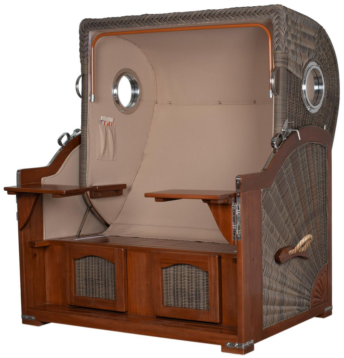 STRANDKORB Komplettset: Ammersee Grande XL Mahagoni Bullauge - PE grau - Modell 506 - Beige/Grün, Holz/Kunststoff (142/165/95cm) - bene living