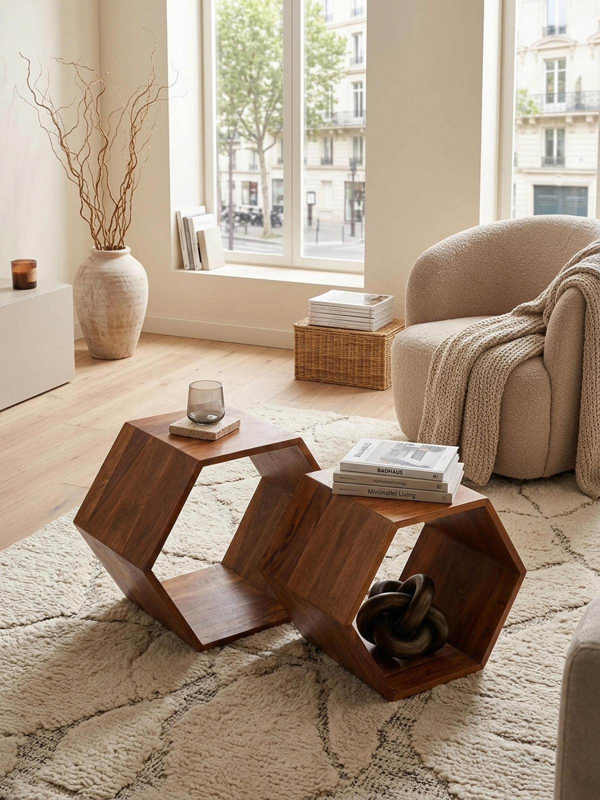 BEISTELLTISCH Set – 2-teilig Massivholz Braun Wabenform handgefertigt - Braun, Holz (30/46/40cm) - KADIMA DESIGN