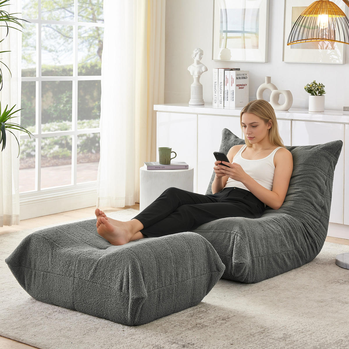 SITZSACK Teddystoff Grau mit Hocker - Grau, Textil (100/70/90cm) - WISHDOR