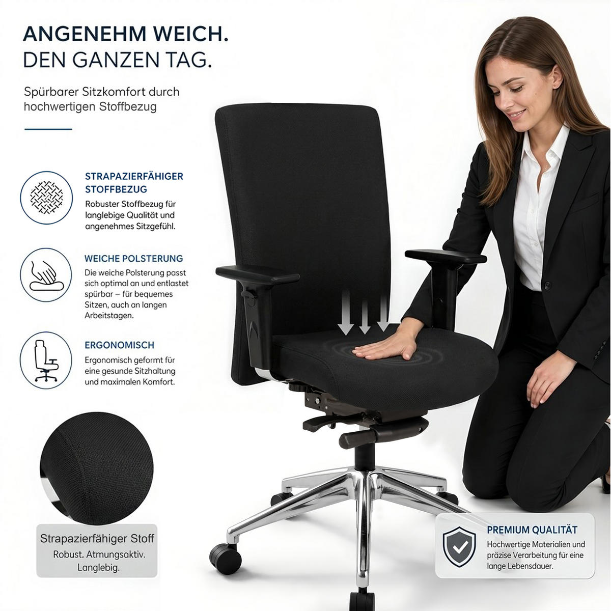 BÜROSTUHL Terox Stoff Schwarz - ergonomisch, 150 kg belastbar, Sitzhöhe 54-66cm - Schwarz, Kunststoff/Textil (65/106/60cm) - Versee