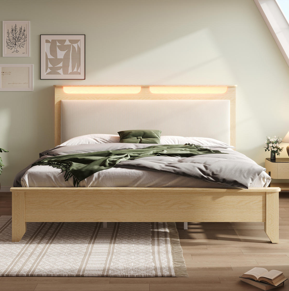 DOPPELBETT 160/200 cm mit LED-Beleuchtung, Kopfteil mit Stauraum, Cord und Matratze, Eichefarben/Beige - Beige, Textil (160/200cm) - Redom