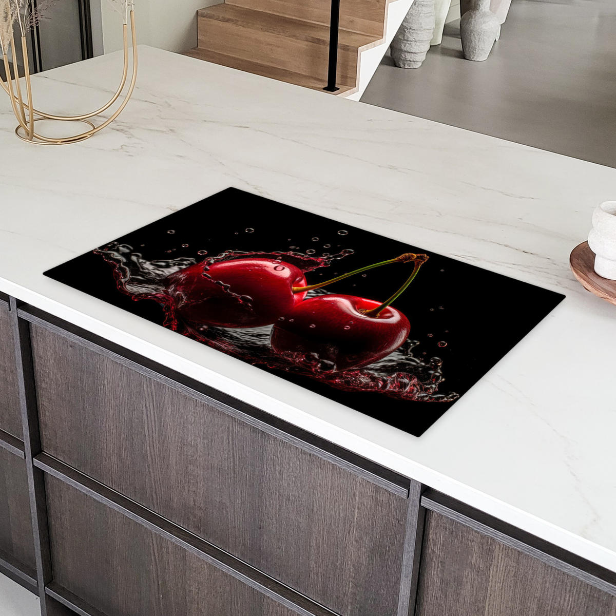 HERDABDECKPLATTE Kirsche - Rot - Frucht - Wasser - Schwarz Induktionsschutz 91.6x52.7 cm - Kirschrot, Kunststoff (91.6/52.7/0.2cm) - MuchoWow