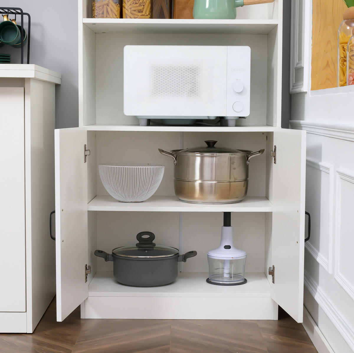 HIGHBOARD 70/40/170 cm mit 4 Türen, offenem Gerätefach und verstellbaren Einlegeböden, MDF, Weiß - Weiß, Holzwerkstoff (70/170/40cm) - Redom