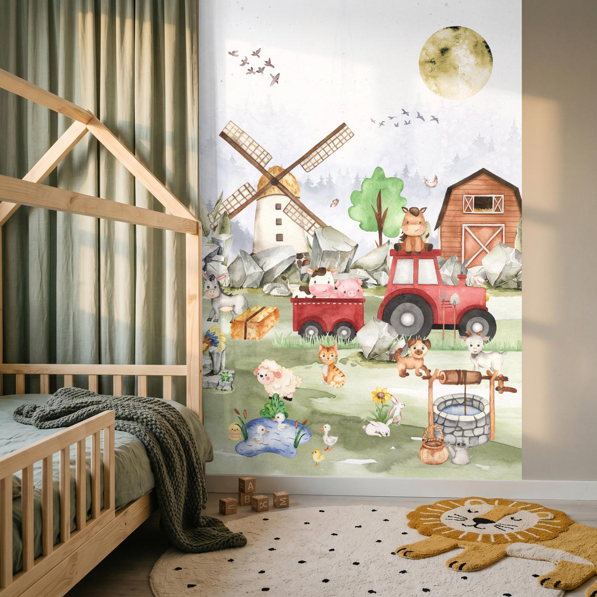 KINDERTAPETE - Bauernhof - Traktor - Kinder - Tiere - 160x220 cm - Weiß, Papier (160/220cm) - OnlyWow