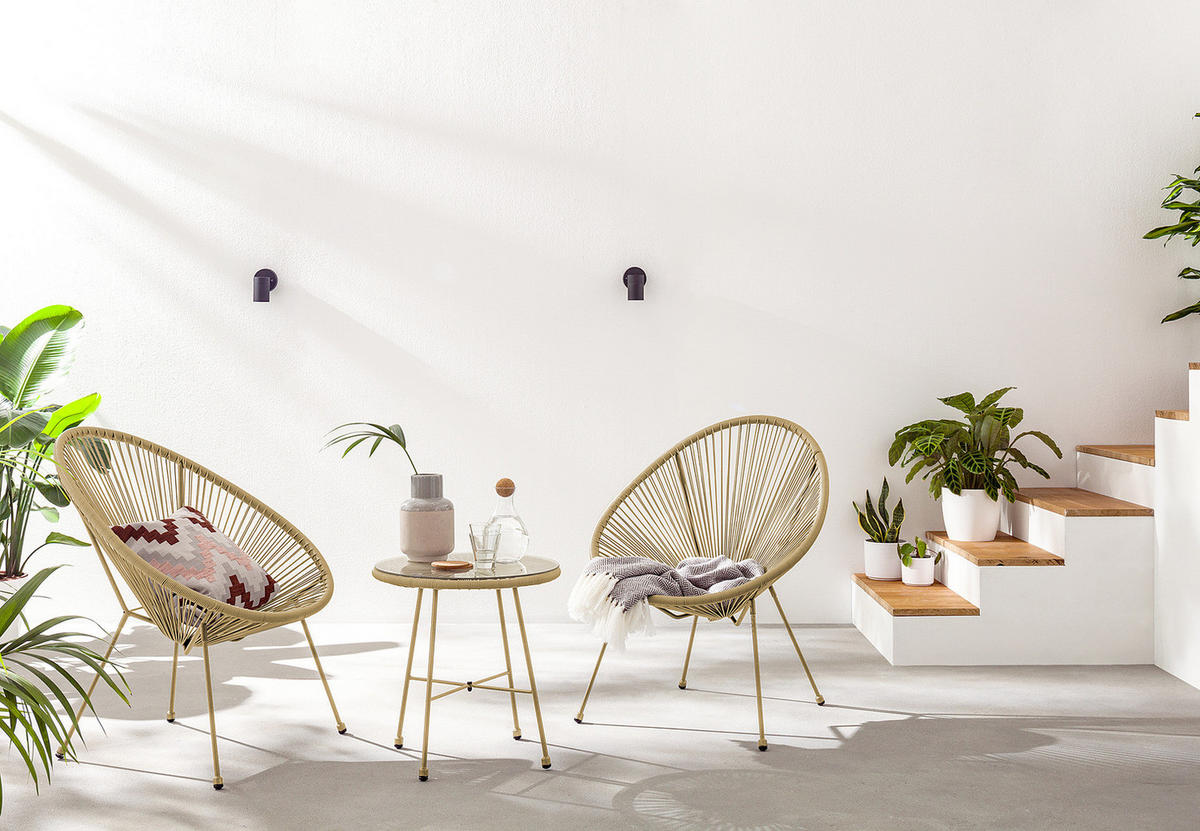 SITZGRUPPE - Stahl / Polyrattan - 3-teilig - Beige, Glas/Naturmaterialen - home24