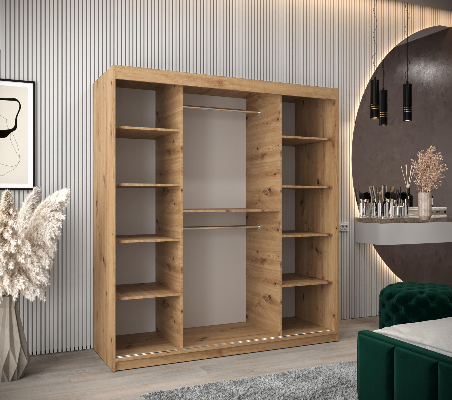 Thumbnail - Abiks Möbel Schwebetürenschrank, Eiche Artisan, Schwarz, Kunststoff, Nachbildung, 9 Fächer, 180x200x62 cm, Schlafzimmer,...