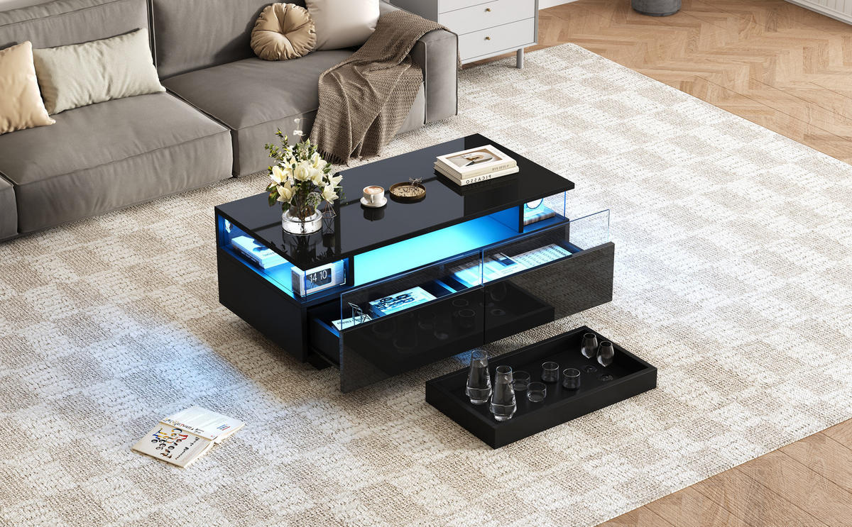 COUCHTISCH 90/45/35,5 cm Schwarz aus Holzwerkstoff mit abnehmbarem Tablett und LED-Licht - Schwarz, Holzwerkstoff (90/45/35.5cm) - OKWISH