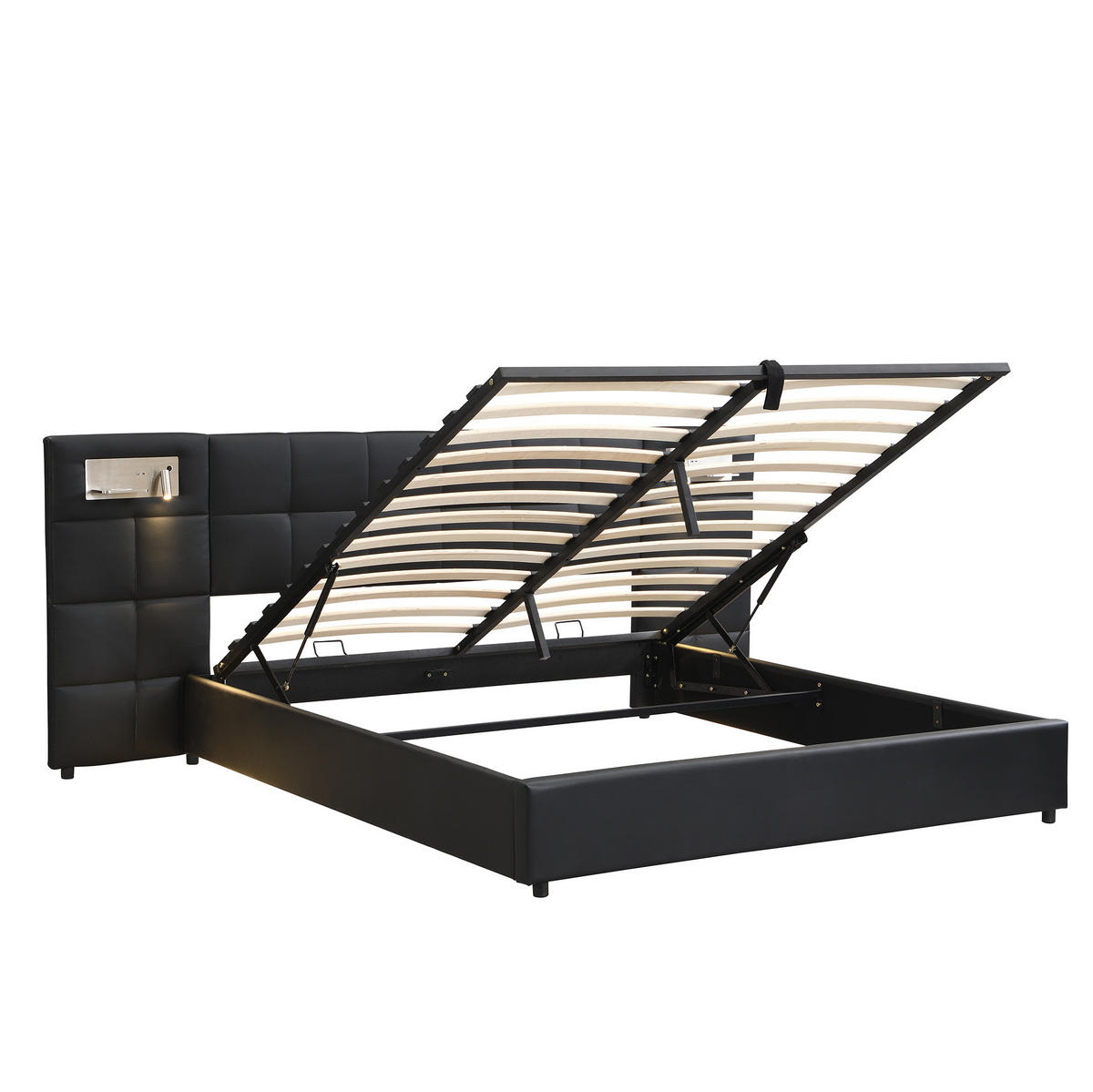 POLSTERBETT mit Stauraum, USB & Ladefunktion 180x200 cm PU Black - Schwarz, Metall (180/200cm) - Meubliv