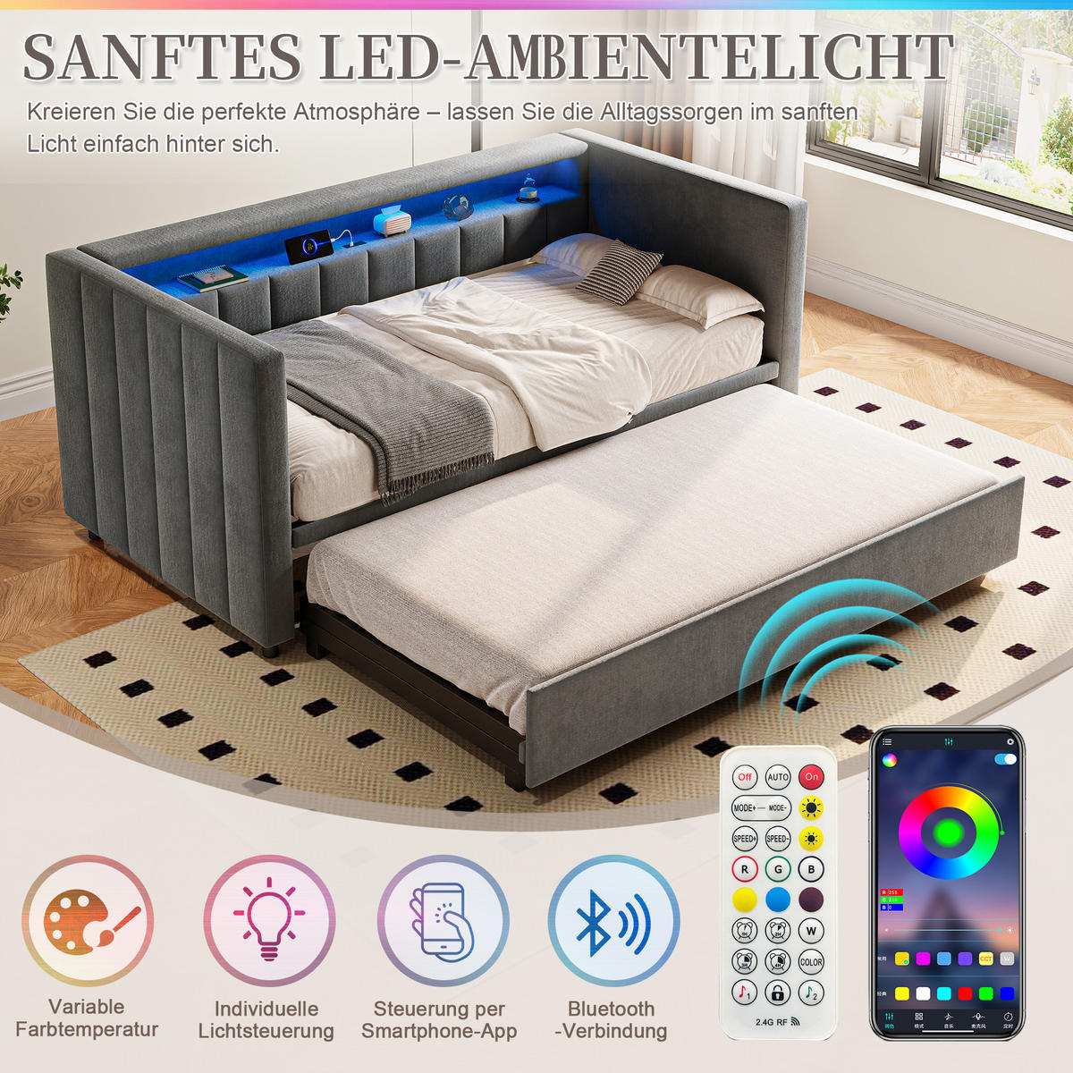 SCHLAFSOFA 90/190 cm in Dunkelgrau Samt mit LED, USB-Type-C und Ablage - Dunkelgrau, Holzwerkstoff/Textil (90/190cm) - WISHDOR