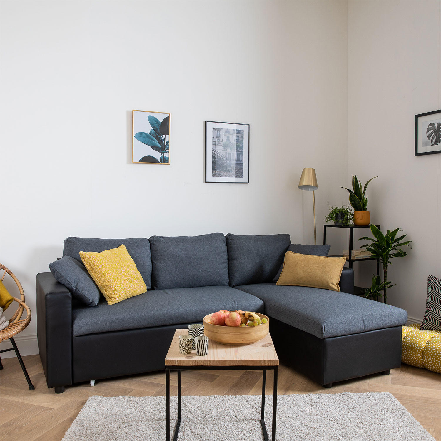 ECKSOFA CLARK GRAU MELIERT UND SCHWARZ 3 PLÄTZE - Schwarz, Kunststoff (225/146cm) - Happy Garden