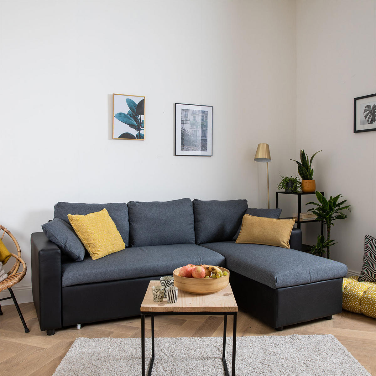 ECKSOFA CLARK GRAU MELIERT UND SCHWARZ 3 PLÄTZE - Schwarz, Kunststoff (225/146cm) - Happy Garden