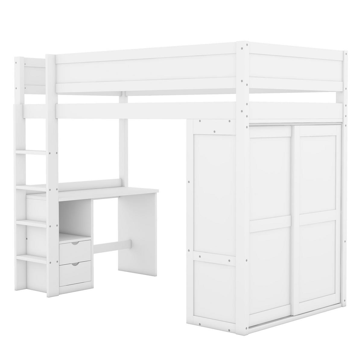 HOCHBETT 90/200 cm in Weiß mit Schreibtisch, Kleiderschrank und Schubladen - Weiß, Holz (90/200cm) - Flora Grace