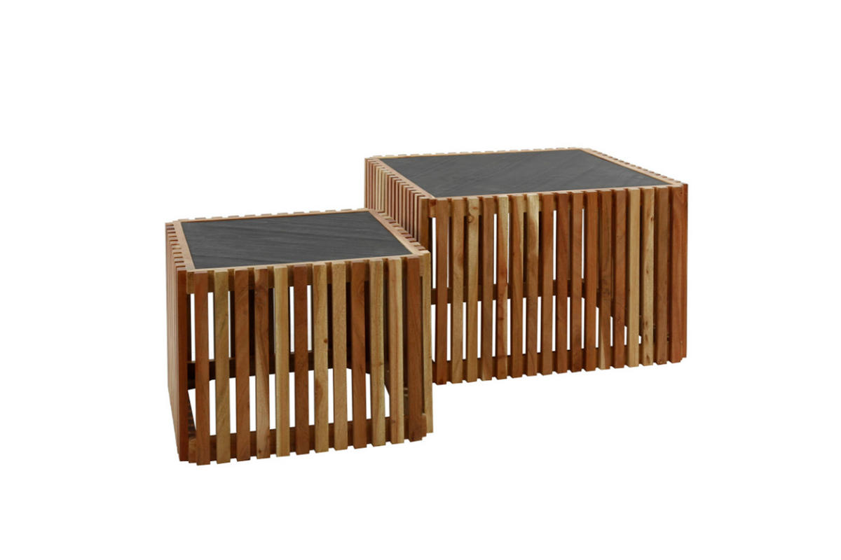 COUCHTISCH-SET INARU Schwarz Stein - Schwarz/Braun, Akazienholz/Stein (58/58/40cm) - KAWOLA