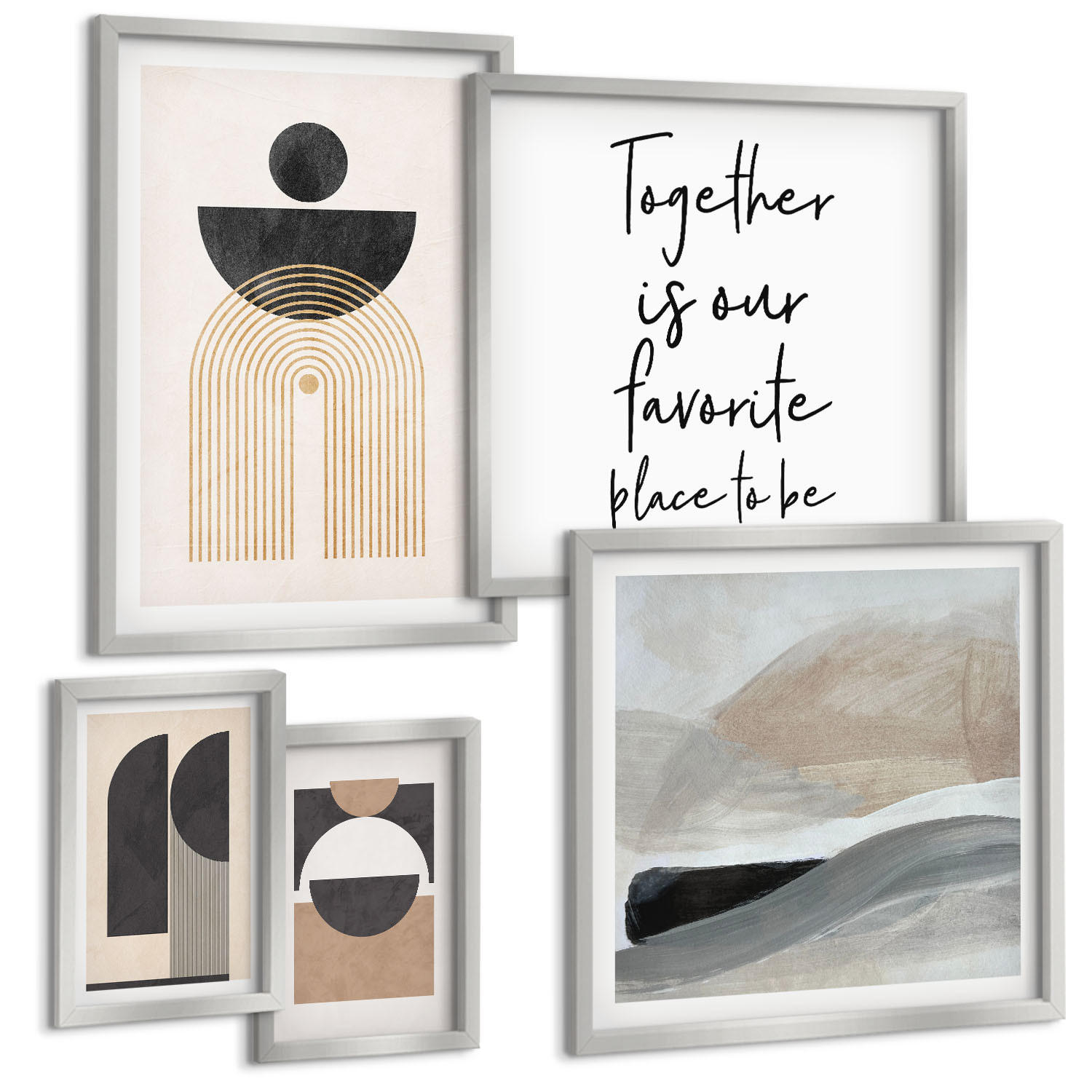 BILDER SET 5er Set - 50x50 cm & 20x30 cm & 40x60 cm Silberner Rahmen - Abstrakte Formen beige braun - Silberfarben, Kunststoff (40/60cm) - TULUP