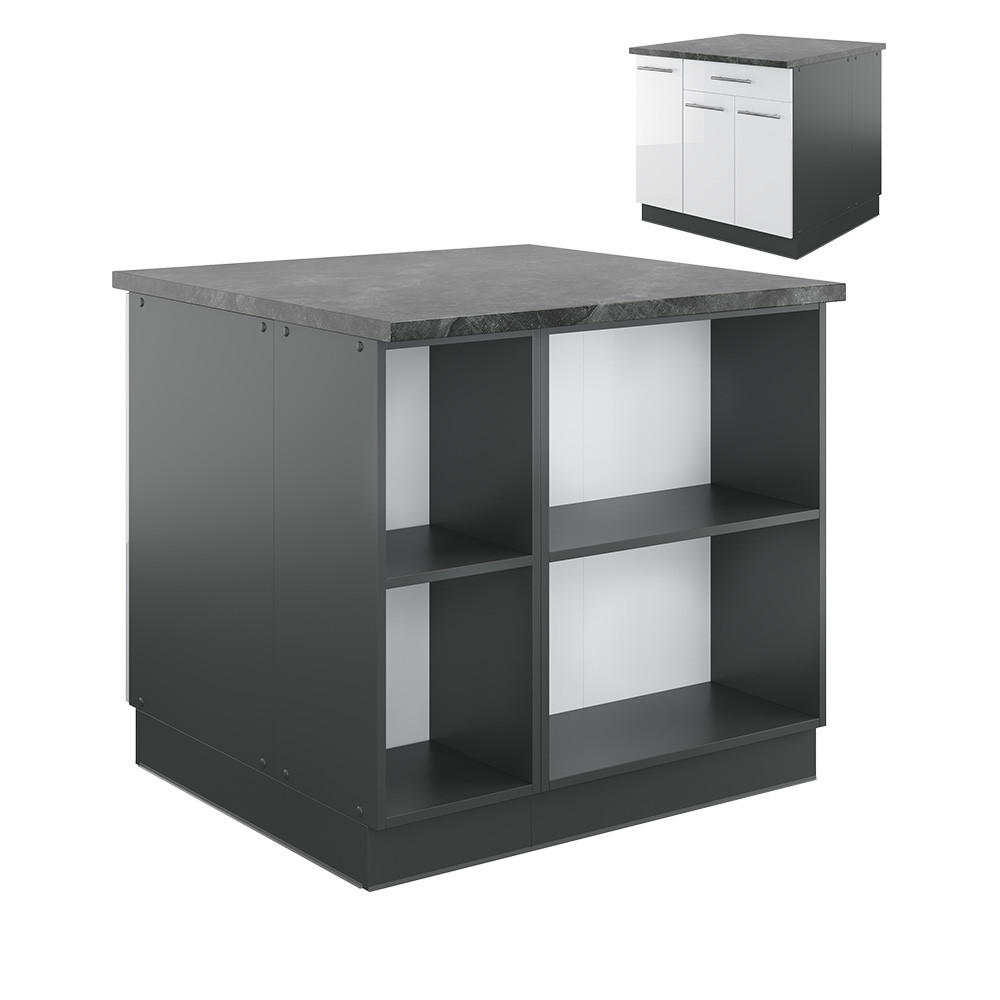 KÜCHENINSEL Fame-Line Weiß Hochglanz/Anthrazit 90 cm mit Schublade ohne AP - Weiß Hochglanz/Anthrazit, Holzwerkstoff (90/82/60cm) - Vicco