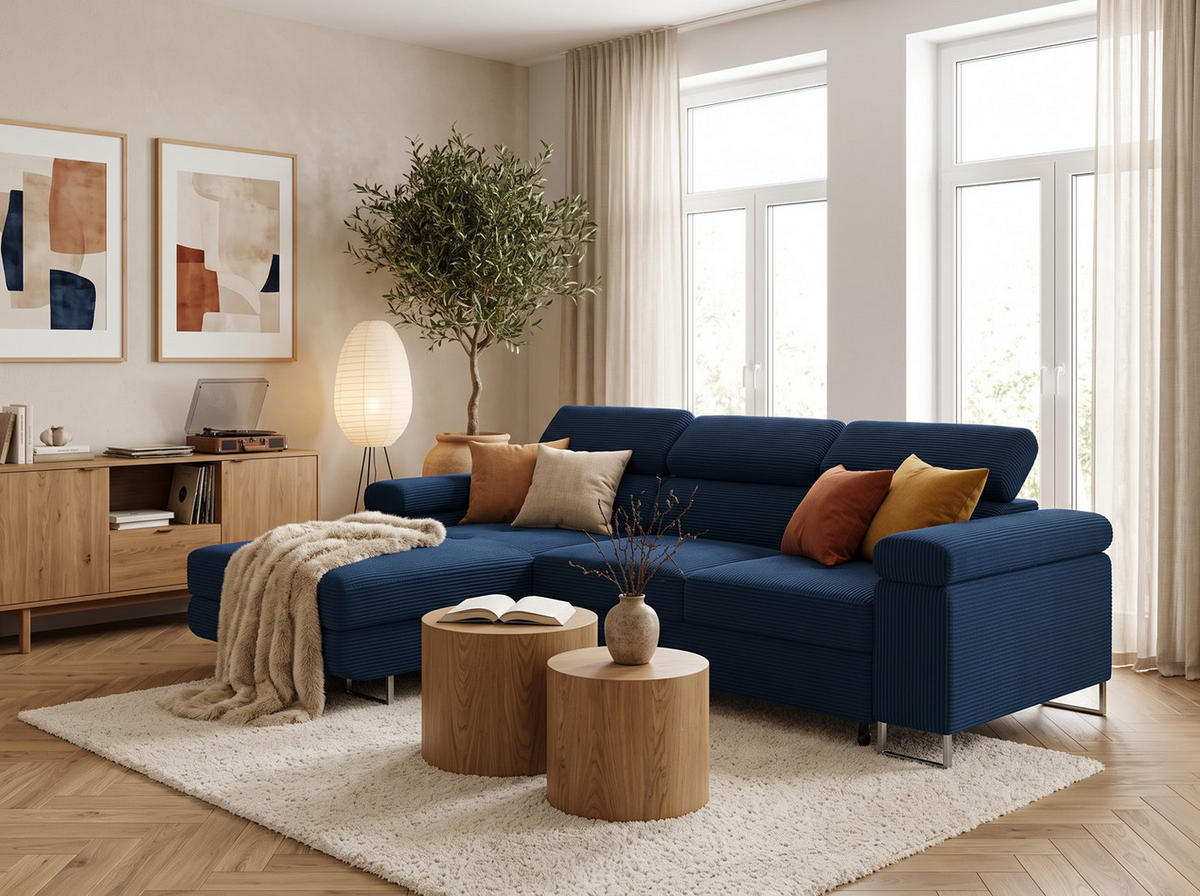 ECKSOFA VEMO MINI Links Blau Cord-Stoff Kompakter Komfort für Wohnräume - Blau, Textil (235/175cm) - Barchello