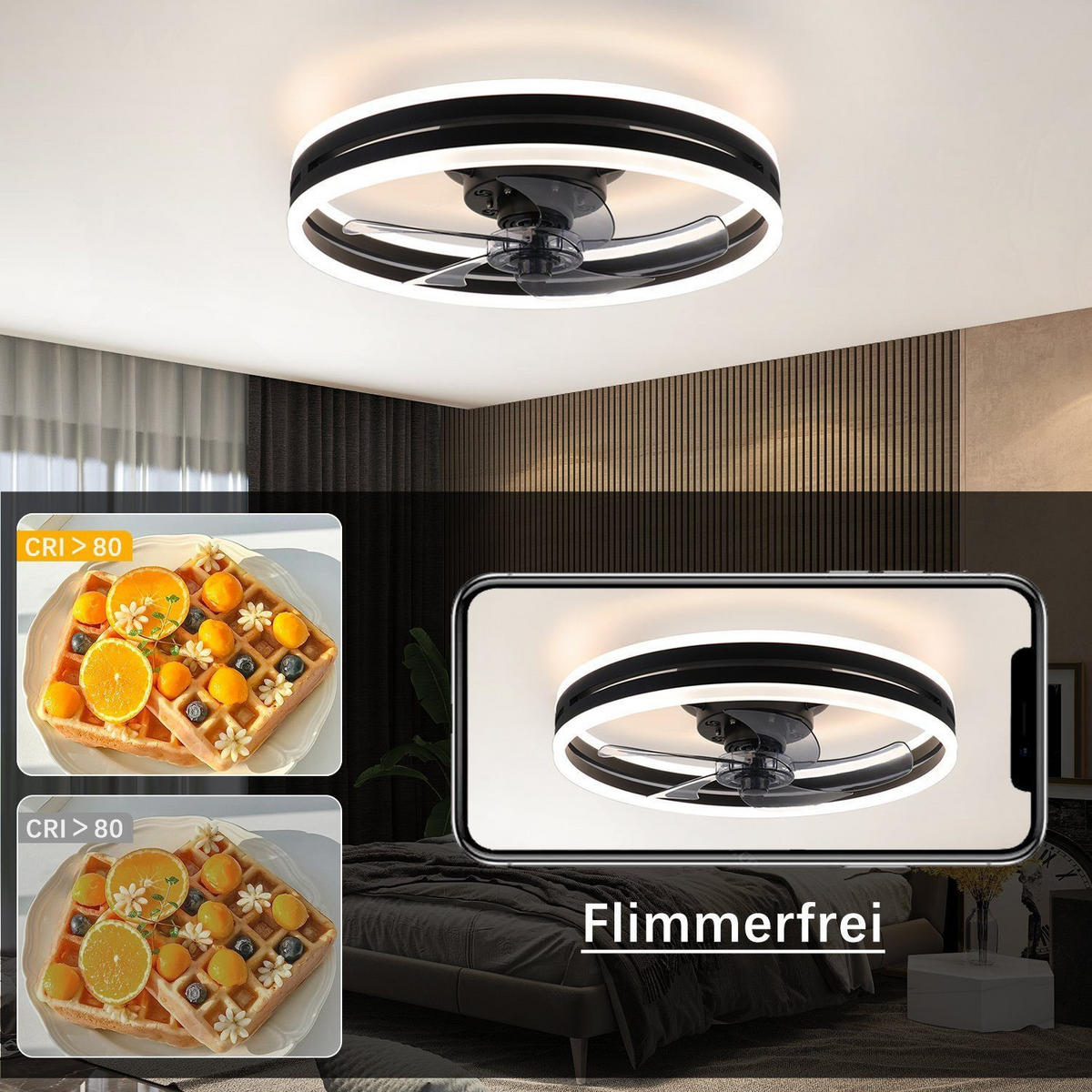 DECKENVENTILATOR Erickson II 50/50/8cm - Schwarz, Kunststoff (50/50/8cm) - Nettlife