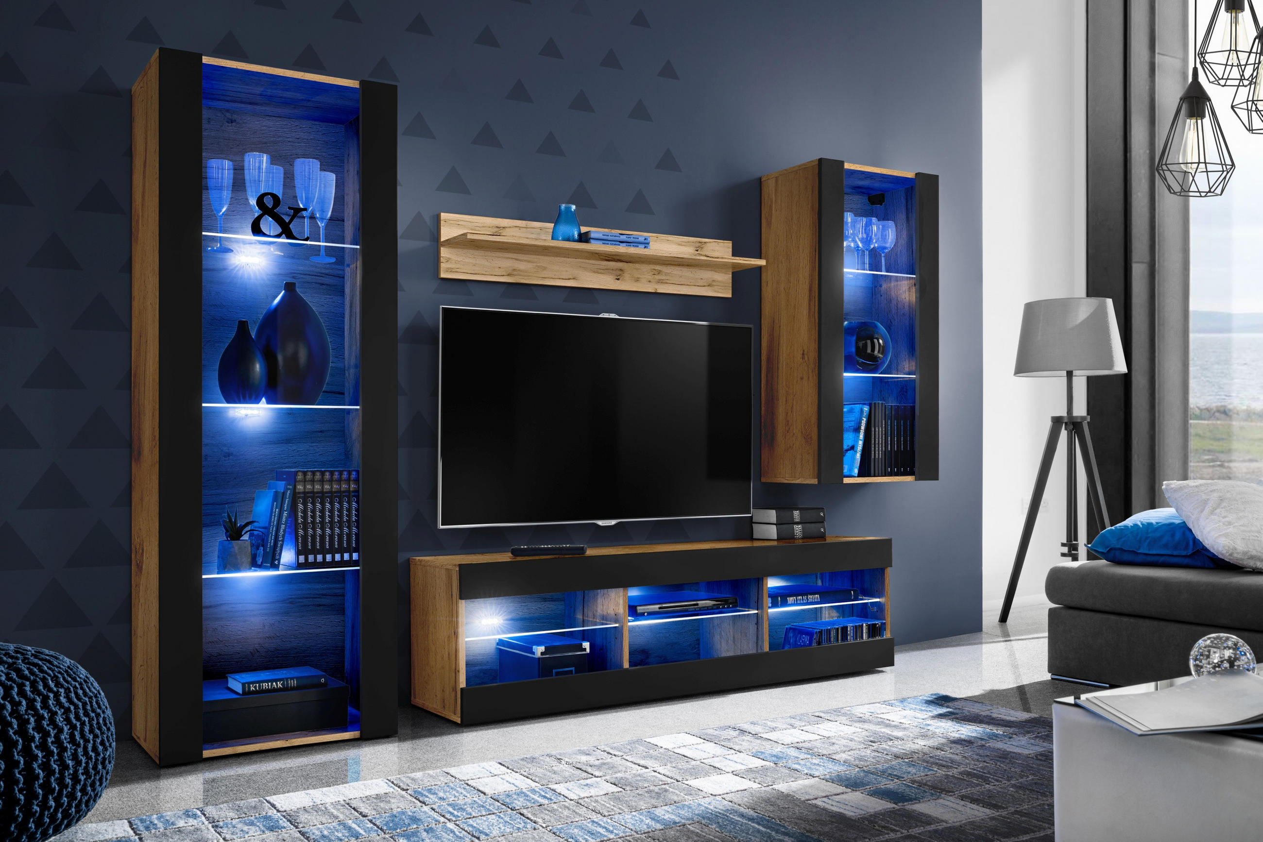 WOHNZIMMERSET TIVOLI MEDIO, 4er-Set, Schwarz, LED Blau - Eiche Wotan/Schwarz, Glas/Holzwerkstoff (245/159/35cm) - Komodee