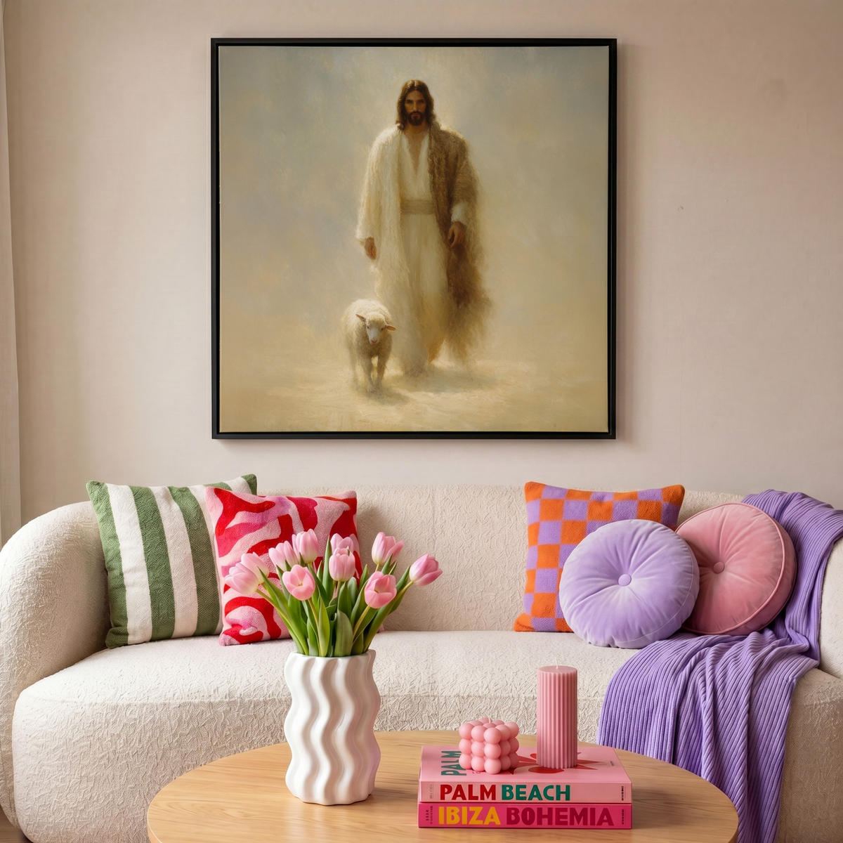 LEINWAND Bilder mit Rahmen - Schaf - Jesus - Pinselstriche - Abstrakt - 90x90 - Beige, Textil (90/90cm) - MuchoWow