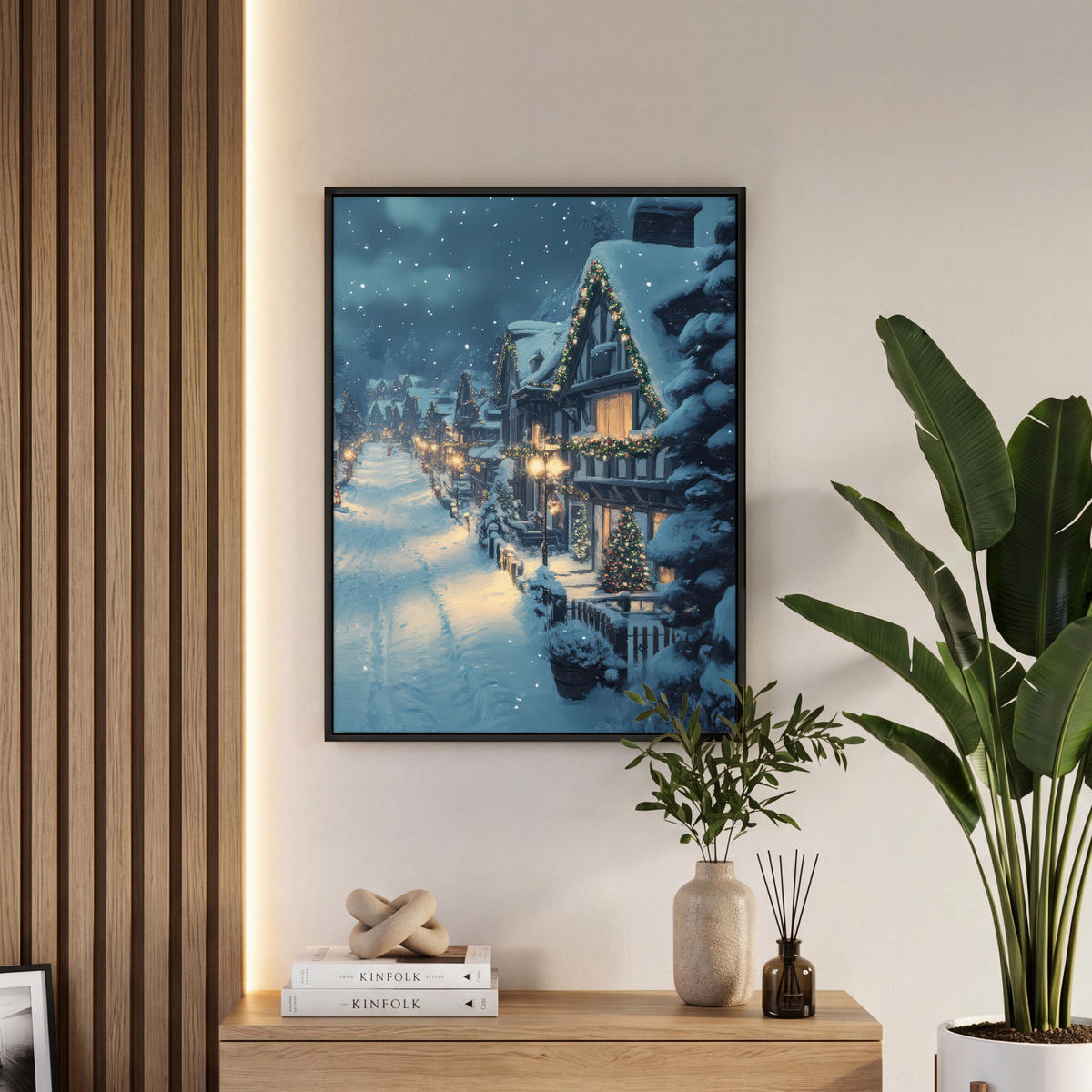LEINWAND Bilder mit Rahmen - Weihnachtsdorf - Weihnachten - Schnee - Winter - 50x70 - Dunkelblau, Textil (50/70cm) - MuchoWow