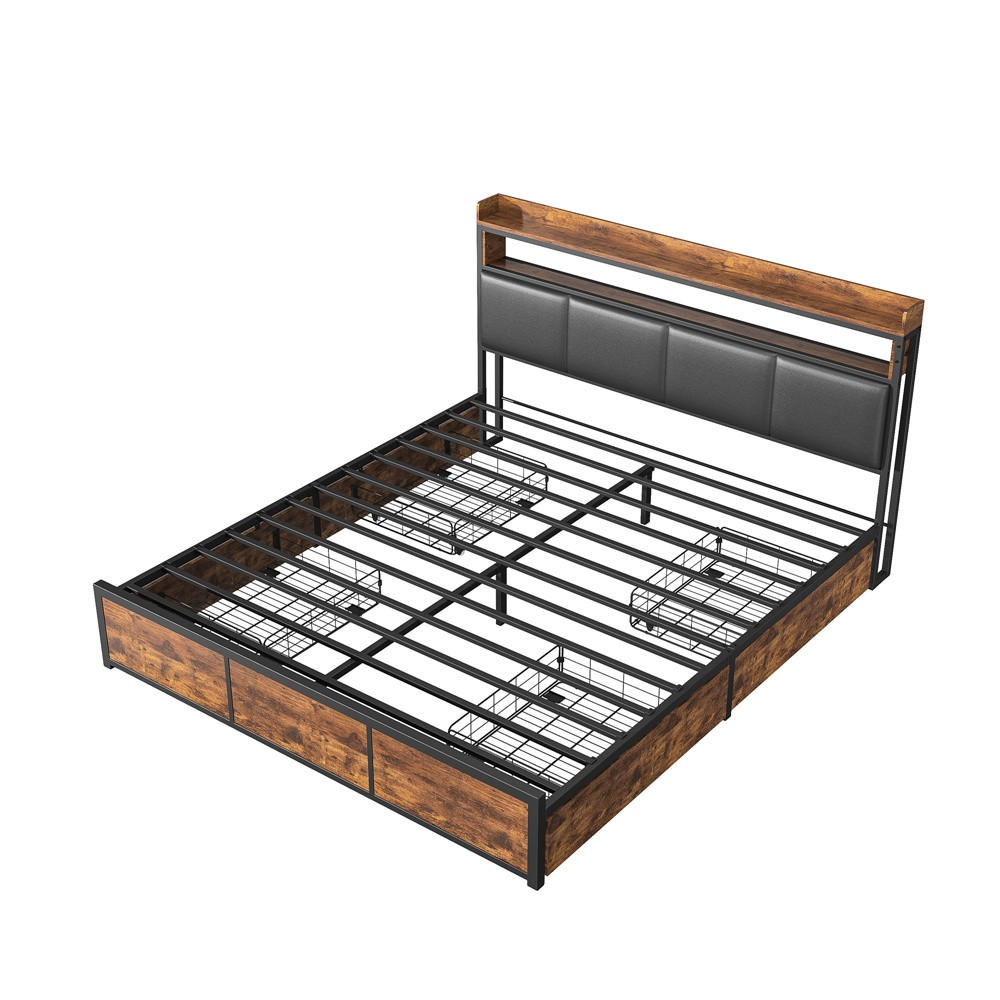 METALLBETT 160x200 cm - Kopfteil Regal & LED Beleuchtung - 4 Schubladen - ohne Matratze - Schwarz & Braun - Braun, Metall (160/200cm) - DELFA