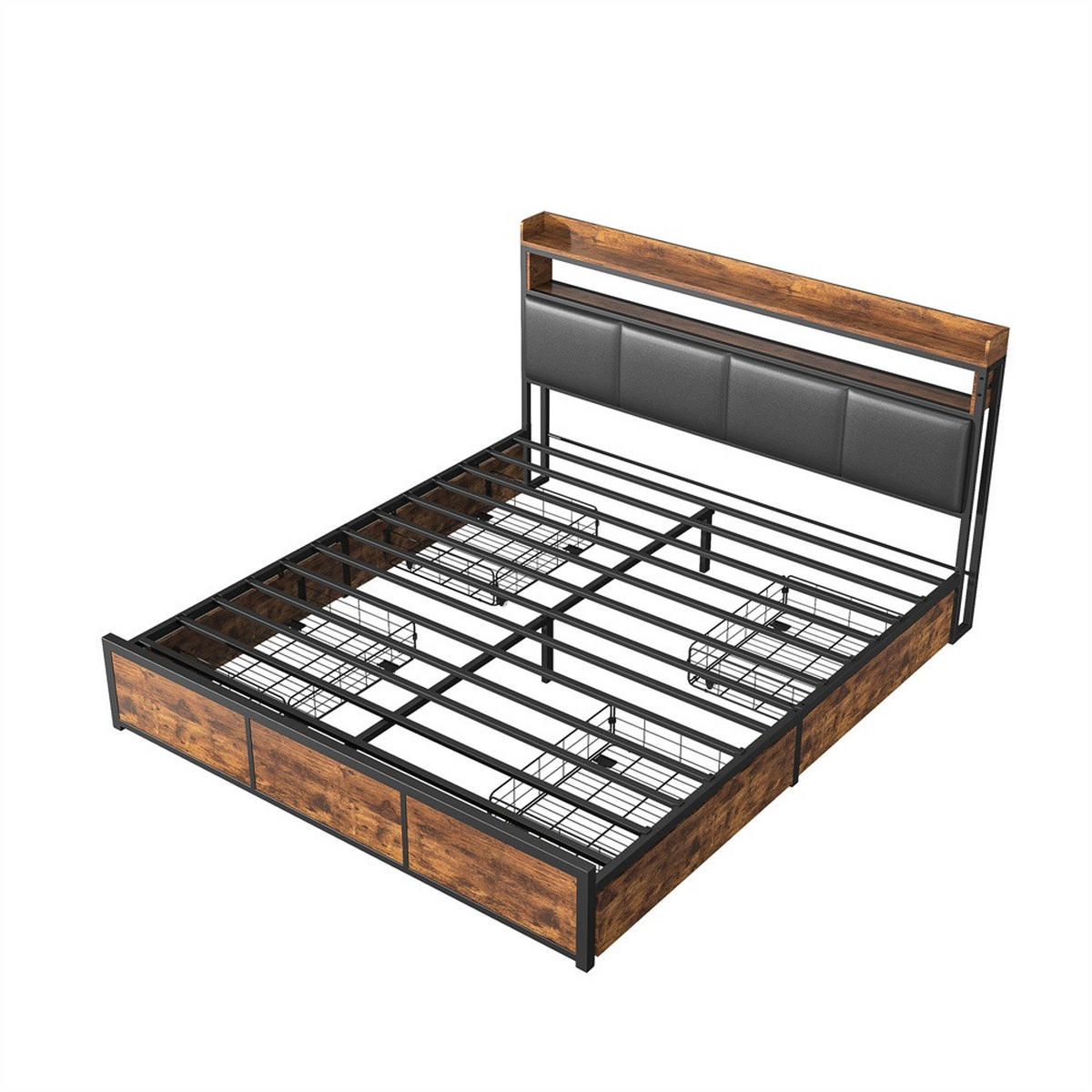 METALLBETT 180x200 cm - Kopfteil Regal & LED Beleuchtung - 4 Schubladen - ohne Matratze - Schwarz & Braun - Braun, Metall (180/200cm) - DELFA