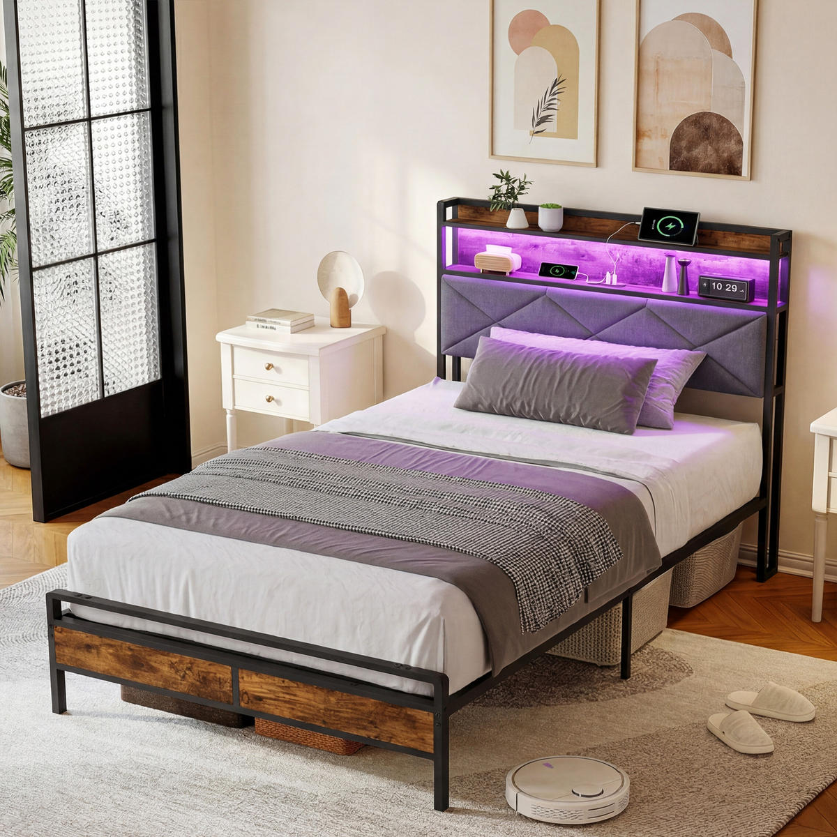 METALLBETT 90/200 cm grau mit Stauraum und USB - Dunkelgrau, Holz - SHOPENTRA