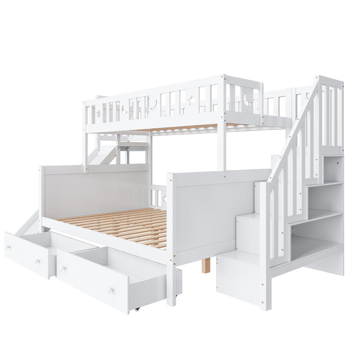 ETAGENBETT Kinderbett 90/200 & 140/200 cm aus Massivholz mit Rutsche, Leiterregal und 2 Schubladen Weiß - Weiß, Holz (90/140cm) - Modenvie