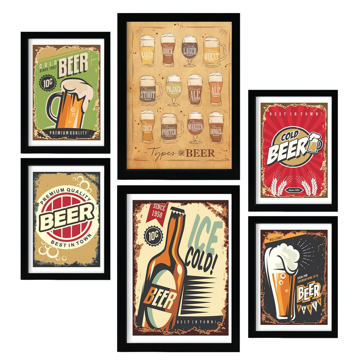 POSTER Set Mit 6 Bier-Retro-Werbung Größe A3 & A4 Schwarzer Rahmen - Schwarz, Papier (29.7/1cm) - Nacnic