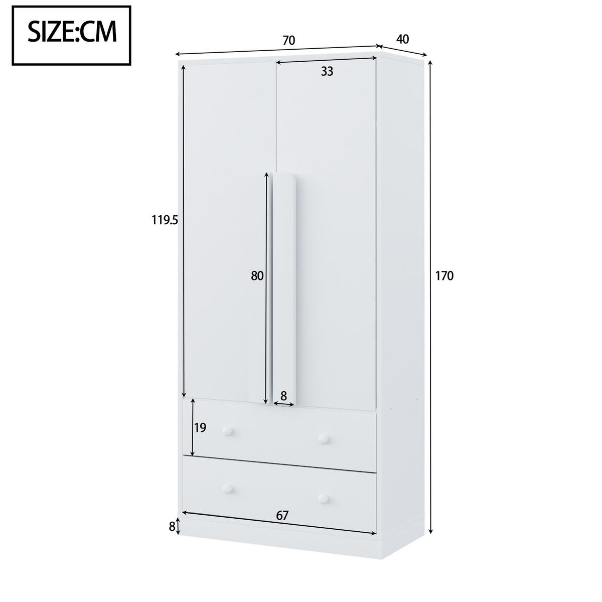 KLEIDERSCHRANK in Weiß mit Doppeltür-Design und Schubladen für Schlafzimmer und Wohnzimmer, B70/T40/H170 cm - Weiß, Holzwerkstoff/Metall (70/170/40cm) - STILVORA