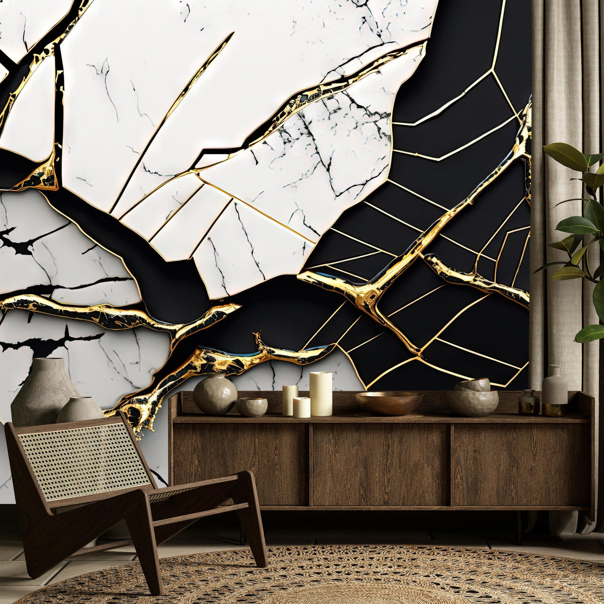 FOTOTAPETER für Badezimmer Abstrakter Marmor Goldene Verzierung 250x175 - Schwarz/Weiß, Papier (250/175cm) - Muralo