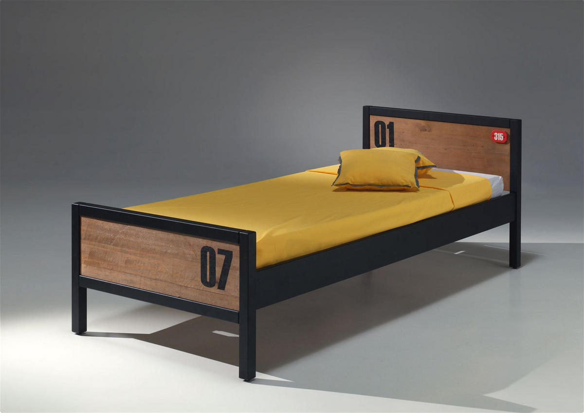 EINZELBETT Kameko 209x75x97 aus MDF+Massivholz in Schwarz/Cognac - Cognac/Schwarz, Holzwerkstoff (90/200cm) - 58aufmkessel