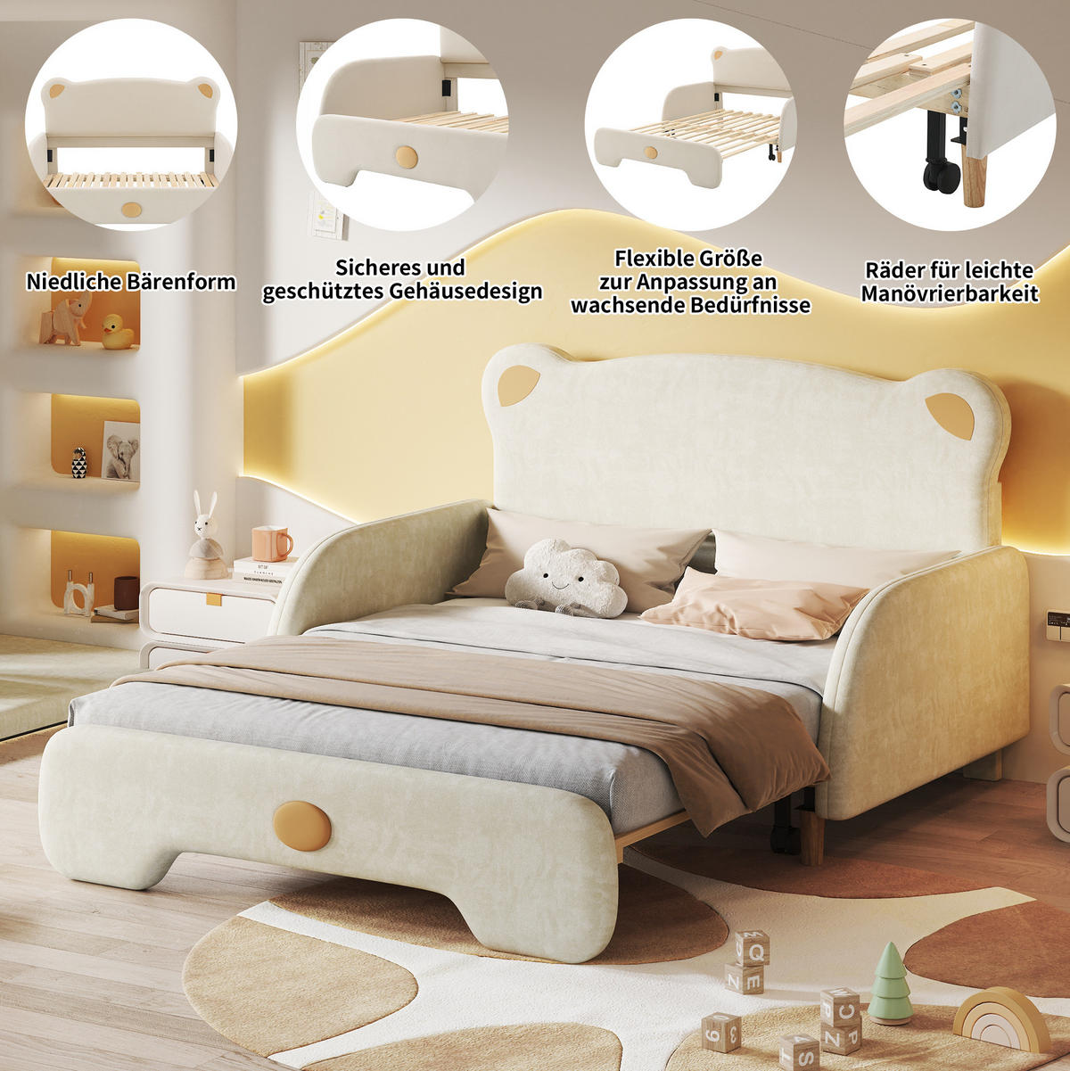 POLSTERBETT 140/200 cm Beige aus Samt mit Ausziehbett - Beige, Textil (140/200cm) - OKMYHOME