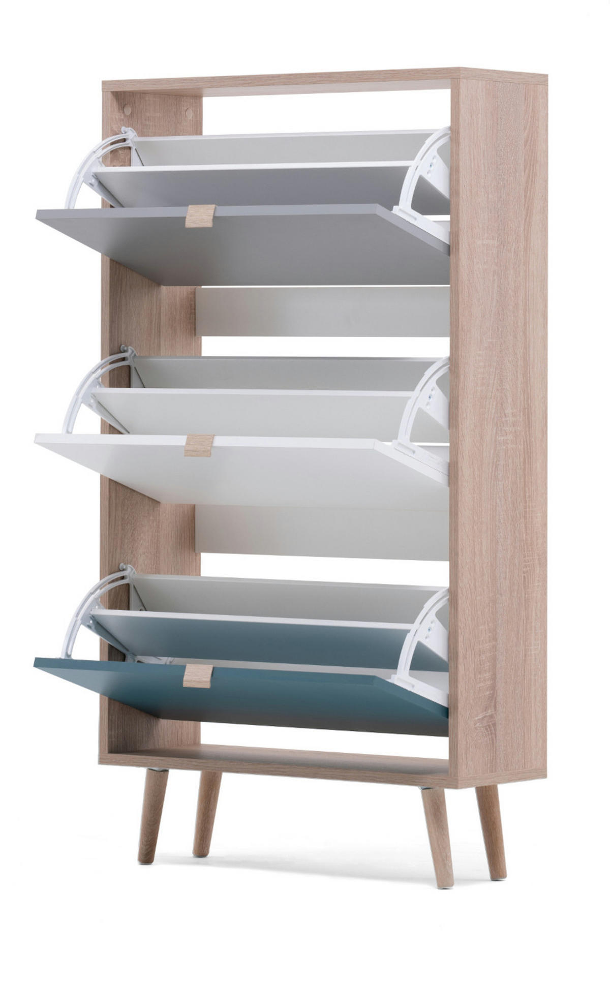 SCHUHKIPPER Eiche Sonoma, Petrol, weiß und grau, Schuhschrank Tricolor skandinavisch - Eichefarben/Petrol, Holz/Holzwerkstoff (70/125/24cm) - Furn.Design
