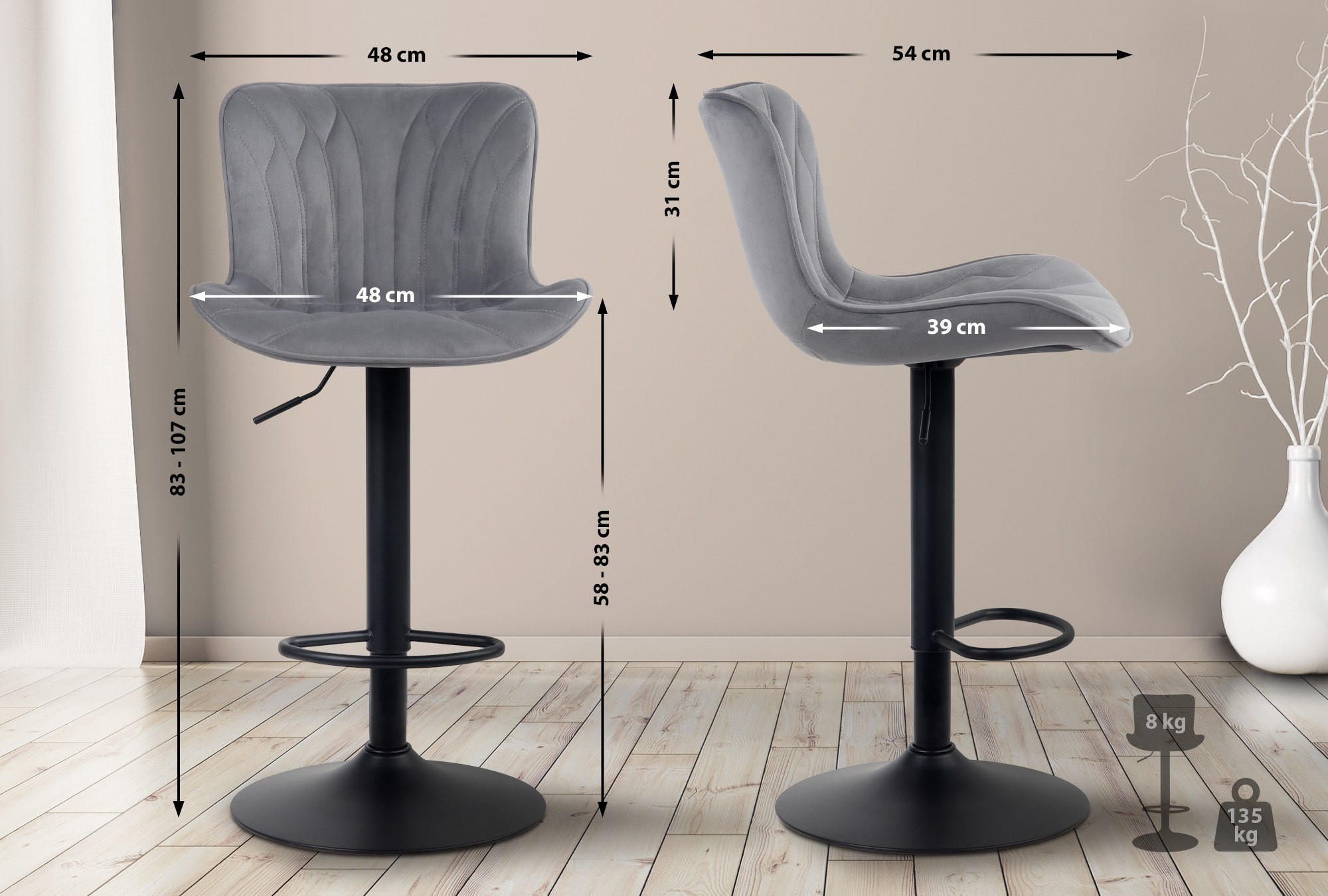 BARHOCKER 2er Set Samt dunkelgrau - Dunkelgrau/Schwarz, Textil/Metall (48/83/54cm) - CLP