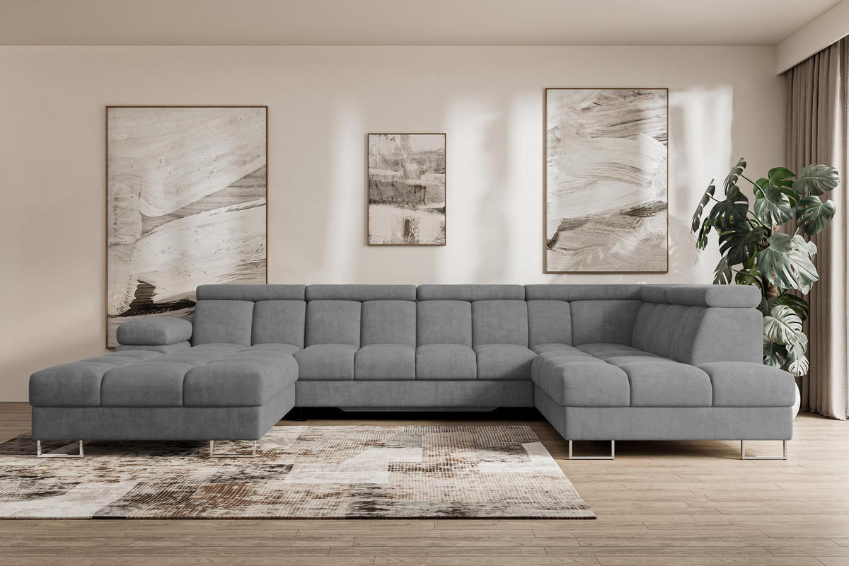 WOHNLANDSCHAFT mit Schlaffunktion und Bettkasten Ottomane RECHTS COMA U 345x203x79 Grau Velours - Grau, Holzwerkstoff/Textil (203/79/345cm) - ALTDECOR