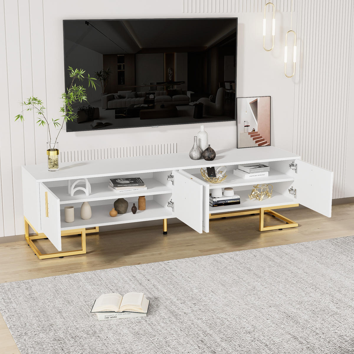 TV-SCHRANK in Weiß mit 4 Türen und goldfarbenen Metallfüßen 170/40/45.5 cm - Weiß, Holzwerkstoff (170/45.5/40cm) - Redom