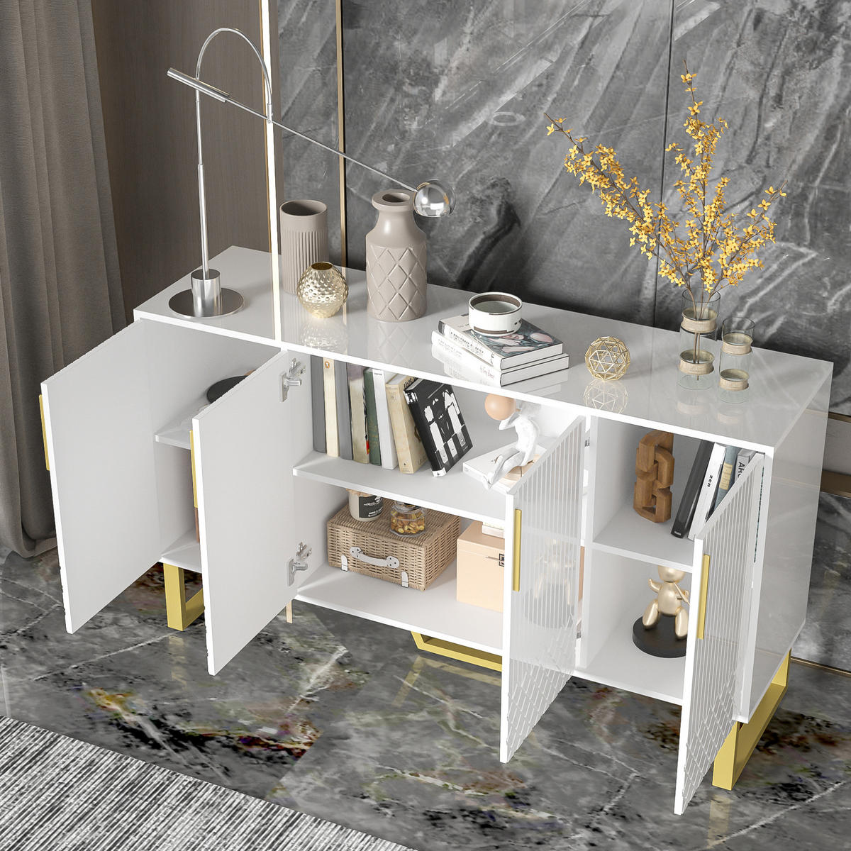 SIDEBOARD 140/40/80 cm Weiß aus MDF mit Hochglanzoptik - Weiß, Holzwerkstoff (140/80/40cm) - OKWISH